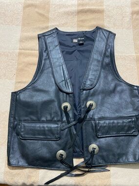 Mens Steer Brand Large Black Leather Vest with Tie Front